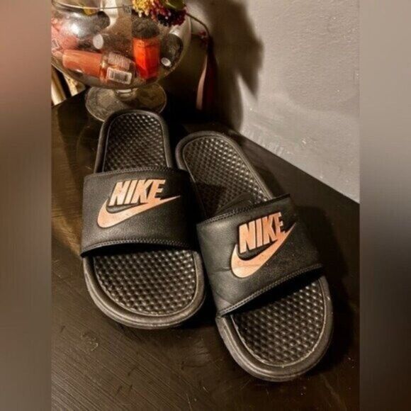 Nike Benassi Black and Gold Slide Sandals - Picture 1 of 4